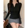2025 New Spring and Autumn Long Sleeve Inner Women T-Shirt Tight Slim Fit Office Women's Bottom Shirt Basic solid color O Neck Skinny Button Top