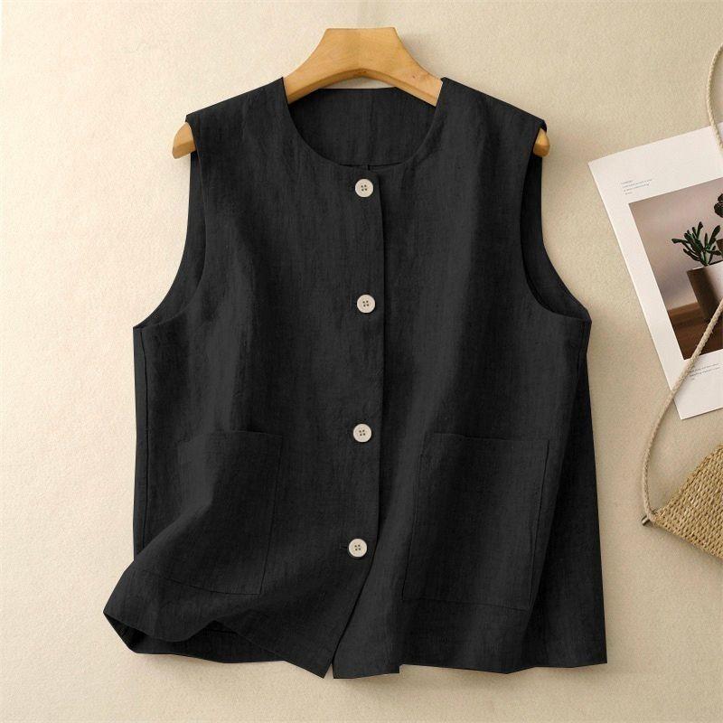 Spring and Summer Solid Color Retro Cotton and Linen Casual Loose Sleeveless Vest Vest Women