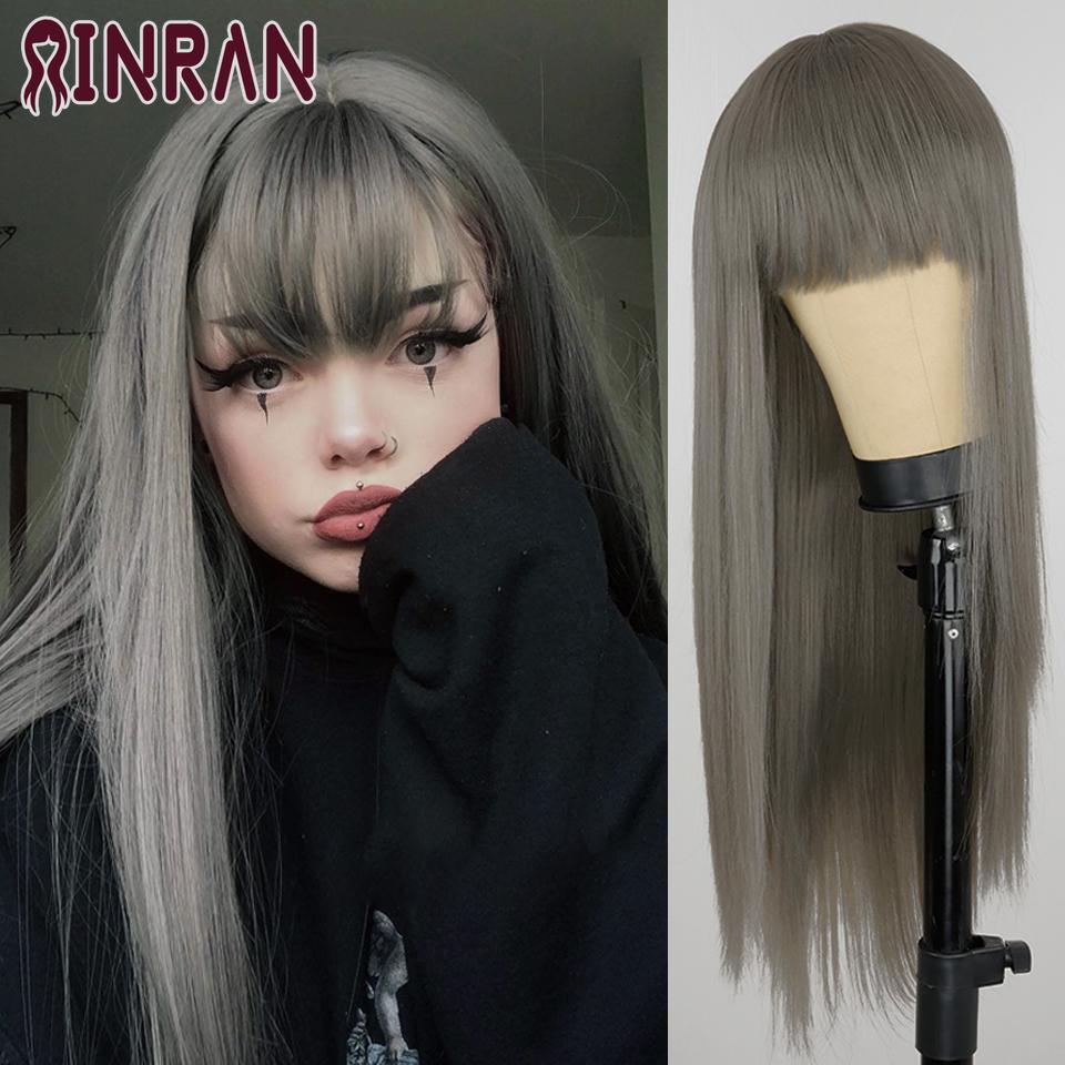 XINRAN Lange gerade weinrote Perücke mit Pony, synthetische Perücken für Frauen, hitzebeständiges Naturhaar für die tägliche Halloween-Cosplay-Party