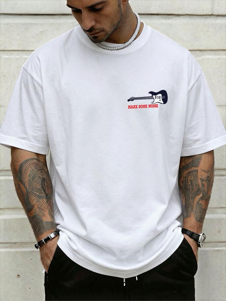 Electric Guitar Make Some Noise Chest Small Graphic Art Print Unisexs Crew Neck Short Sleeve Tee Casual Daily Soft Basic Wear Top
