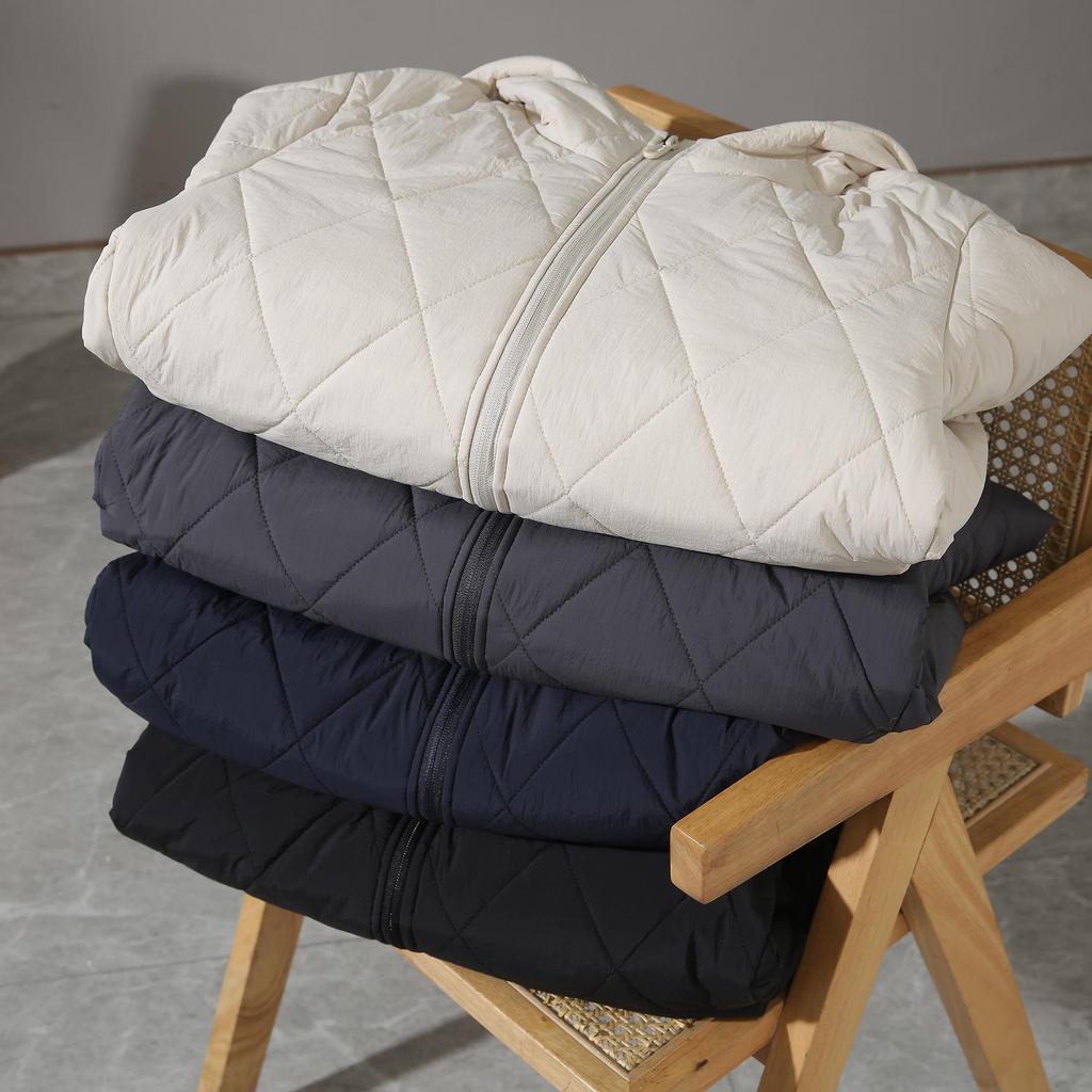 Men's Hooded Cotton Jacket with Mulberry Silk, Diamond Pattern, Winter Casual Outerwear.