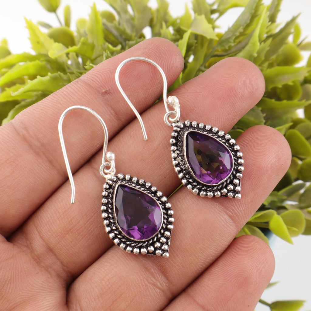 Amethyst Earrings, Gemstone 925 Sterling Silver Jewelry Earrings, Handmade Earrings Pear Shaped Amethyst Jewelry Anniversary Gift