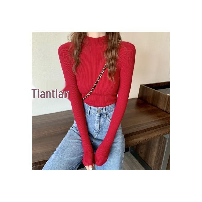 Women's 2026 Autumn Slim Fit Black Knit Long-Sleeve Half-High Neck Sweater
