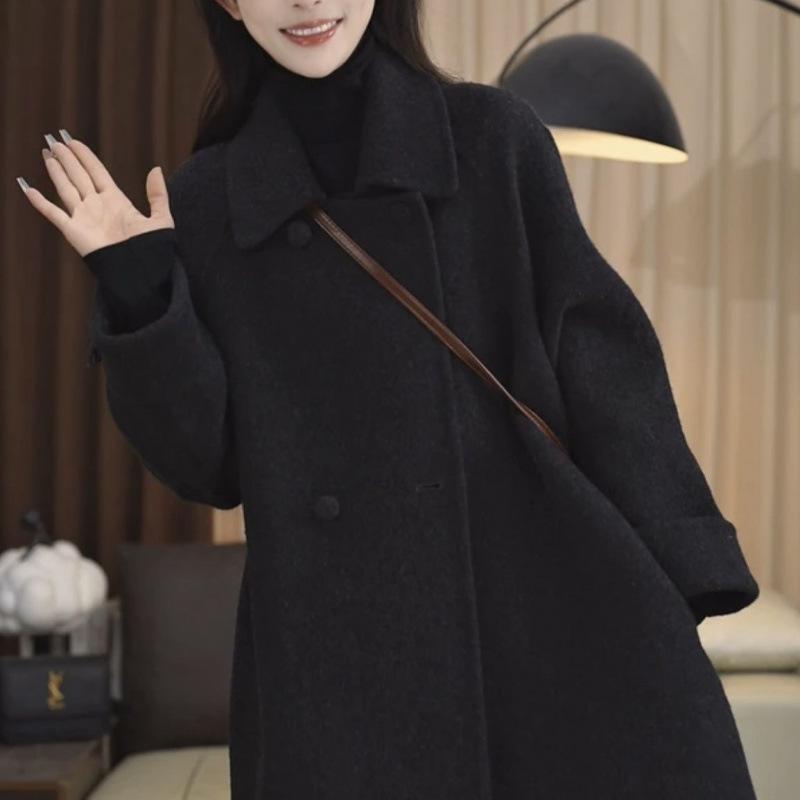 Korean Style Mid-length Sheep Wool Coat Small Comfortable Fit Autumn and Winter Womens Long Woolen Coat