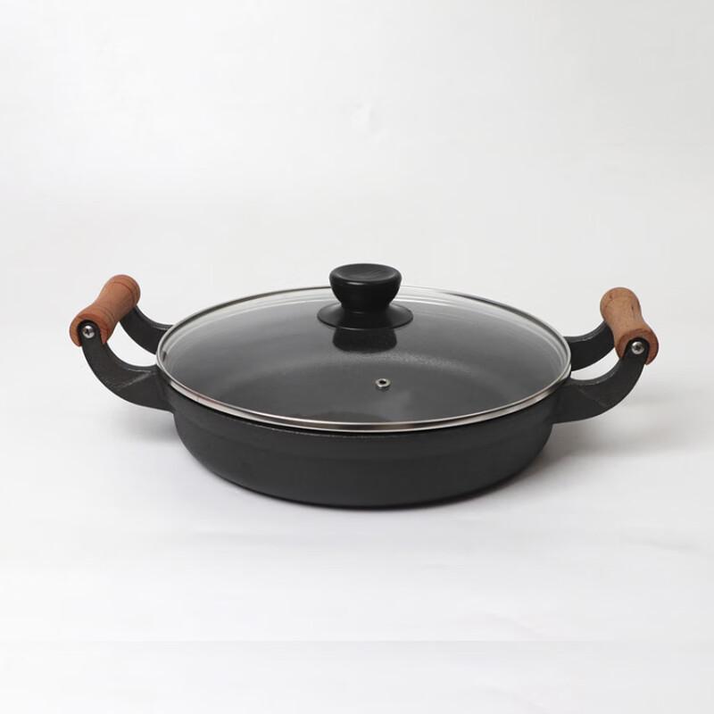 Mr. Jian 31cm Deepened Wood Handle Cast Iron Frying Pan with Glass Lid