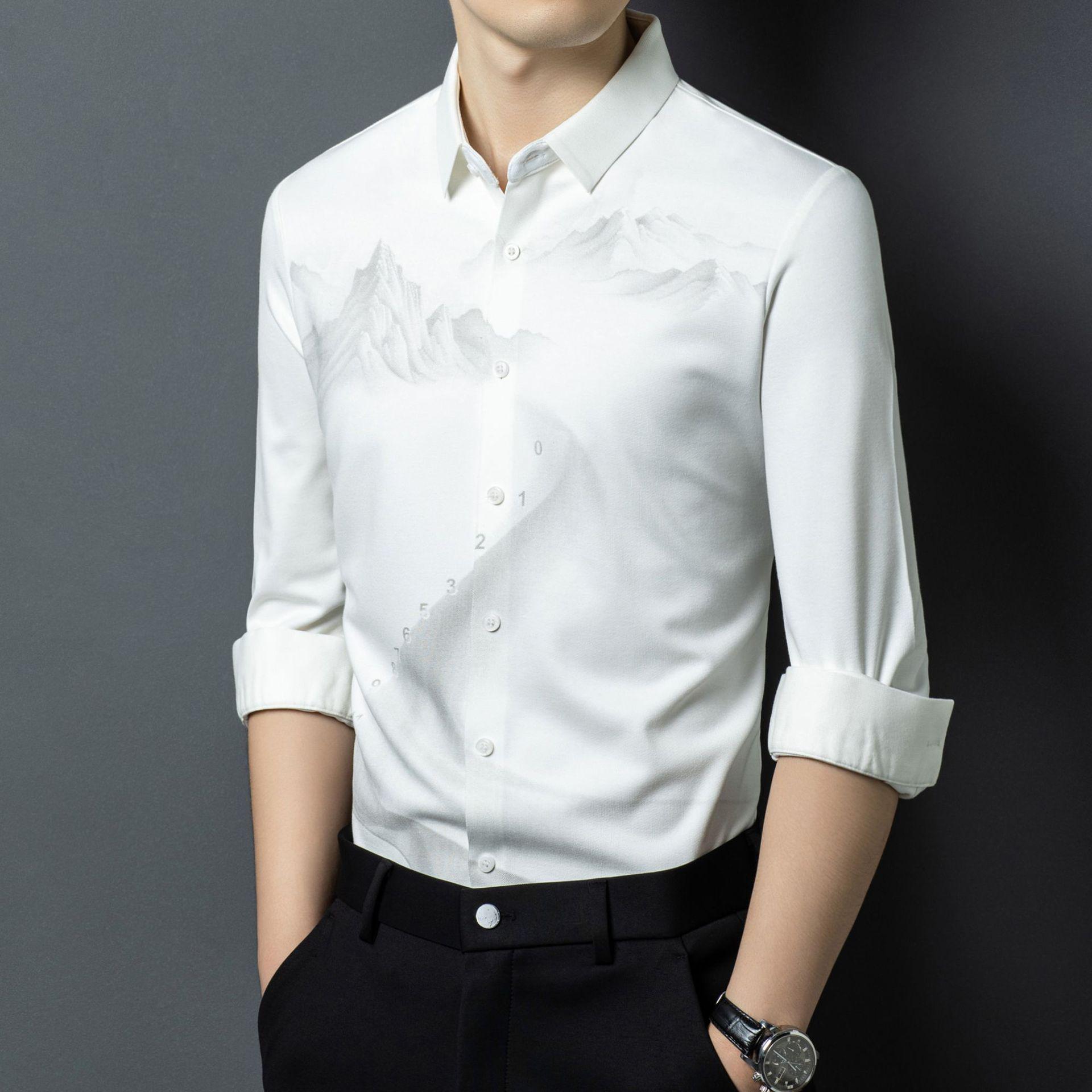 

Men s Long-Sleeved Shirt - Spring & Autumn Style with Mountain and Water Print for Casual & Business Wear XL (135-150 Jin) білий