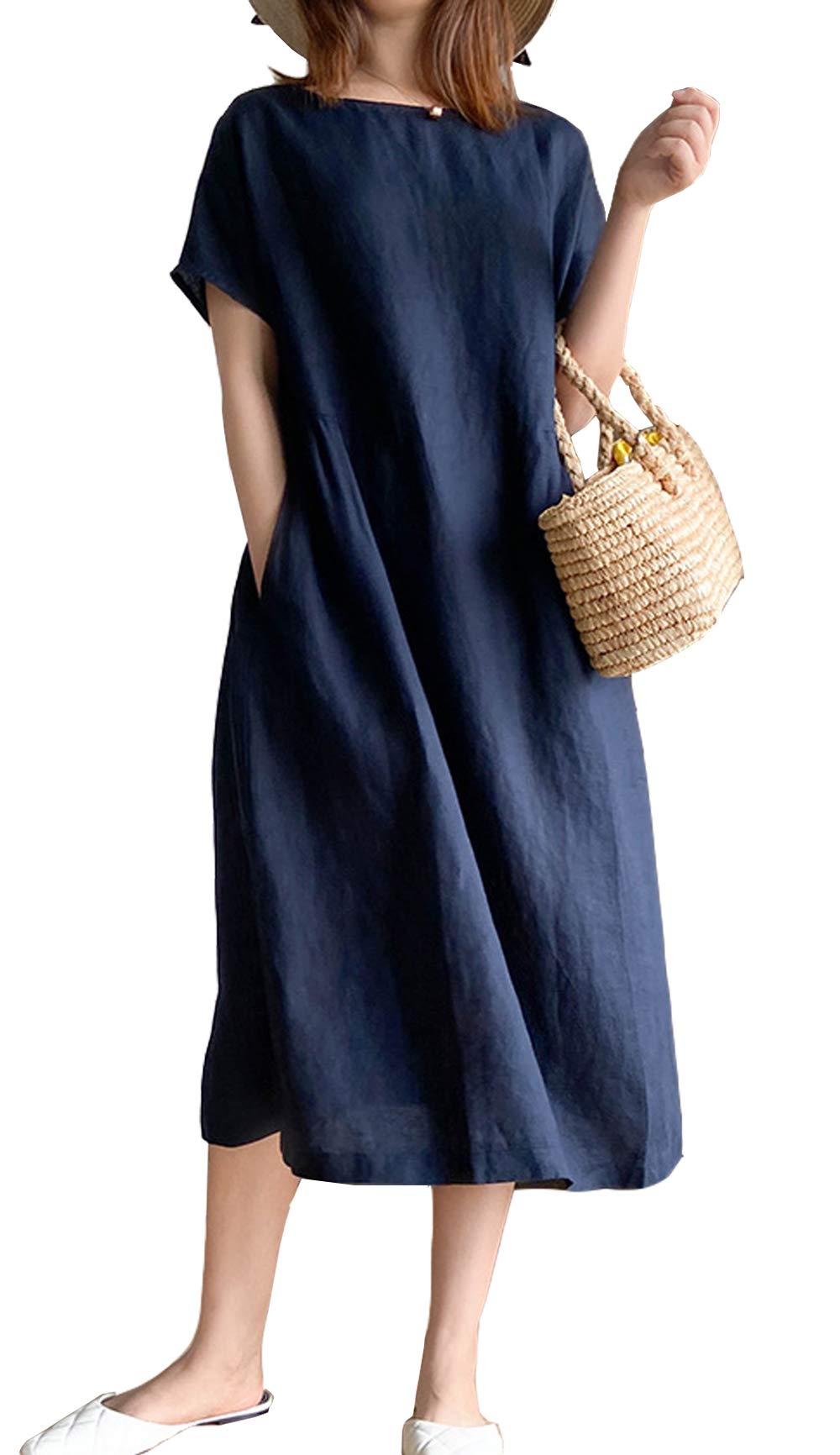 

BdeSYT Short Sleeve Maxi Loose Long Perfect for Mori Girl Plus 4 Solid Women s Dress, Fit, Length, Cotton-Linen Blend, Figure-Flattering, Natural,