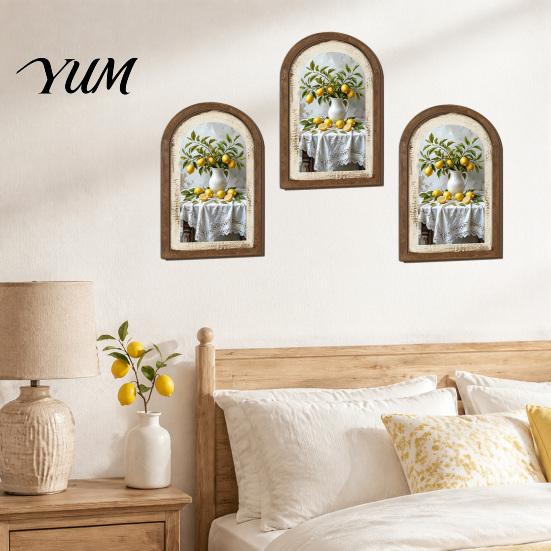 Teak Wood Wall Art Lemon Arched Decor, Pastoral Flowers Wooden Sign, Nordic Desktop Decorative Ornament Style Decoration for Home Kitchen Bedroom