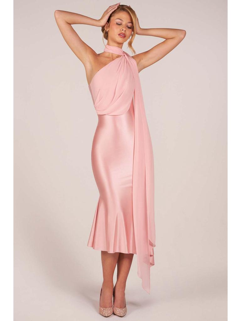 2026 Euro-Amerikanischer Stil Sexy Neckholder Satin Bodycon Kleid mit Rüschen