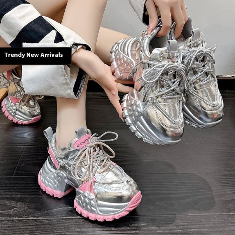 Women's Platform Thick-soled Casual Shoes, Metallic Silver Dad Shoes, Spring Style, Small Height-increasing Shoes