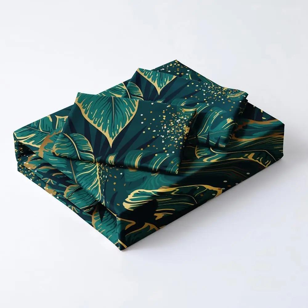 Tropical Green Leaf Pattern Bedding Set - Soft Fabric & Exquisite Gold Accents, Queen Size Available
