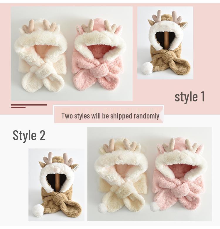 Children's Plush Antler Hat & Scarf Set: Windproof, Thickened Ear Protection for Outdoor Cycling