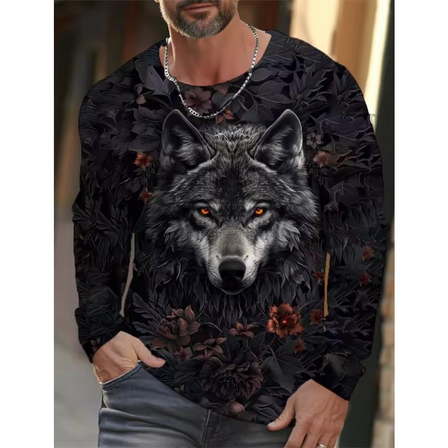 Wolf Graphic Men's Long Sleeve T-shirt for Men Clothing Casual Top Tee Shirt Fashion Animal 3D Full Printing Streetwear