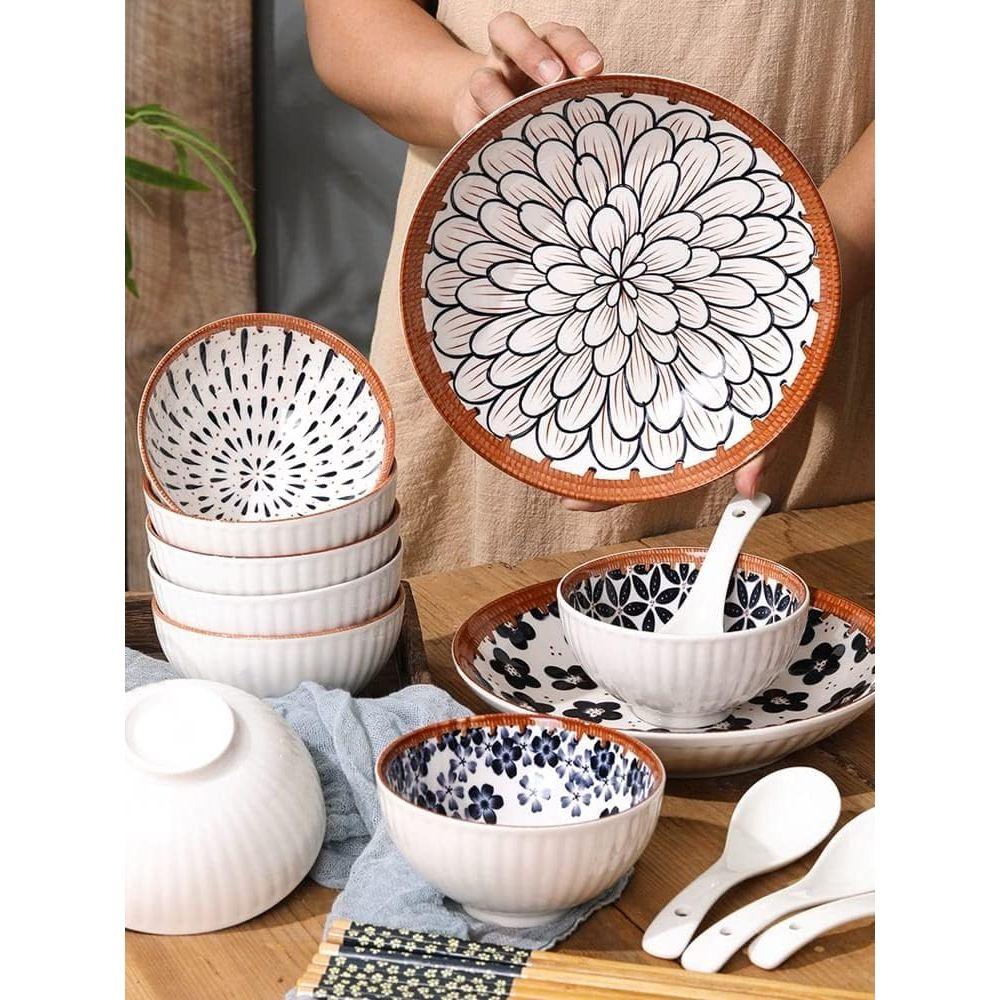 Porcelain Japanese Ramen Bowls And Spoons Set With Chopsticks-Rice Or Soup And Noodles Dessert Bowls For Rice Soup Snack Bowl Microwave