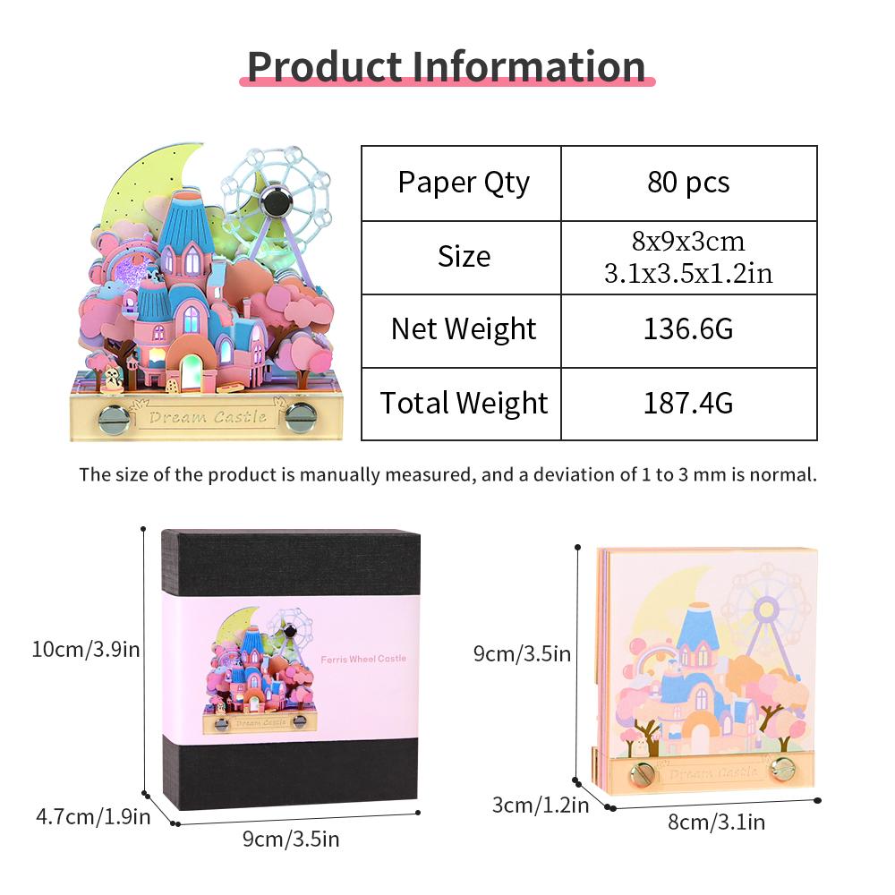 Kids Amusement Park 3D Memo Pad Light up Castle Ferris Wheel Tree Model Tear Off Paper Desk Memo Pad