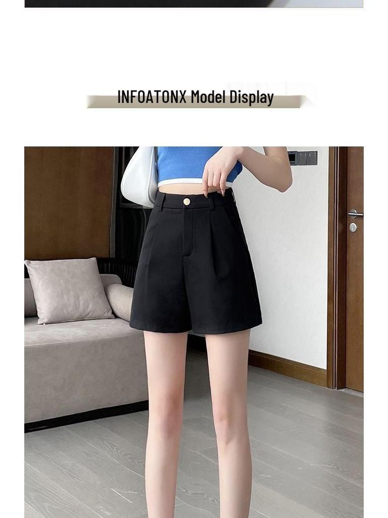 Women's High Waist Slimming Black A-line Suit Shorts for Spring 2026 - Versatile Wide Leg Quarter Pants