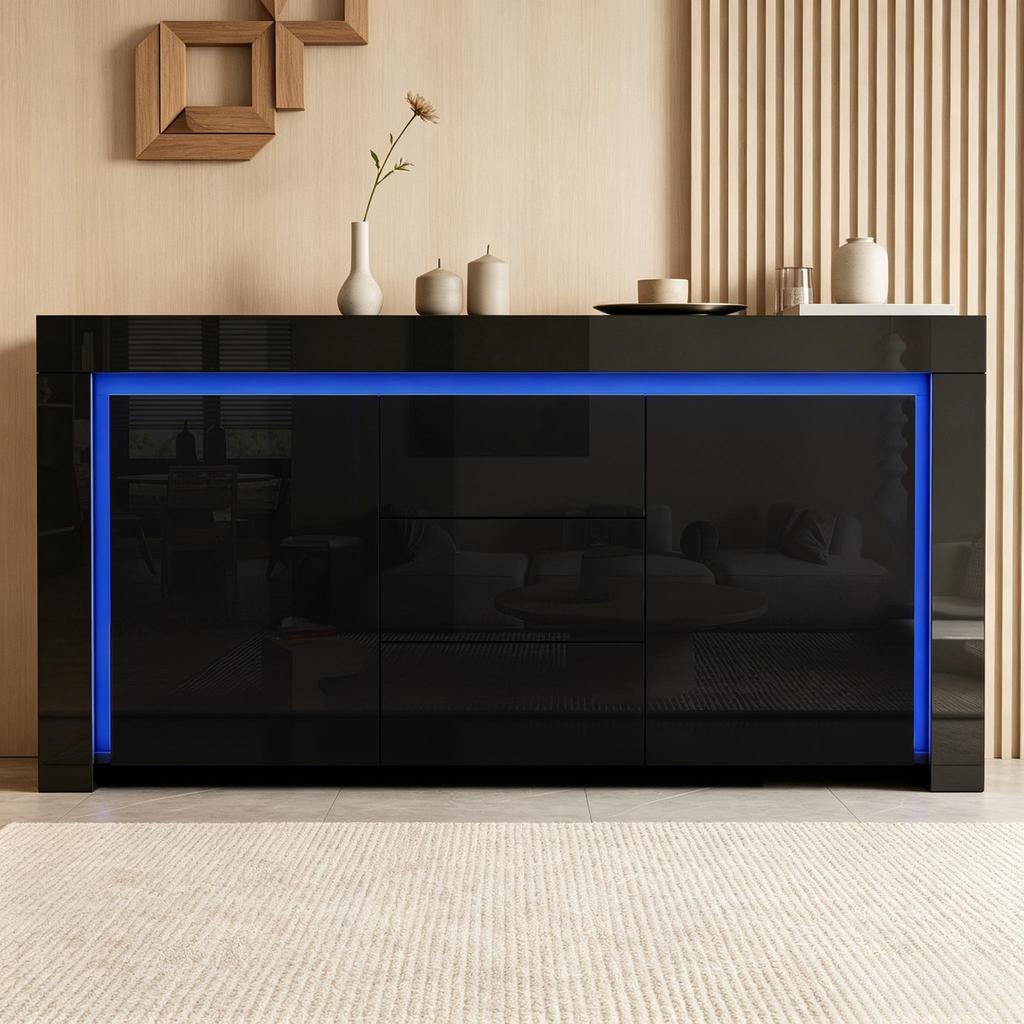 Mobile da soggiorno 140*40*65cm, Cassettiera con 3 cassetti, 2 ante, Mobiletto laterale laccato lucido con striscia luminosa a LED, Credenza con spazio contenitore, Nero