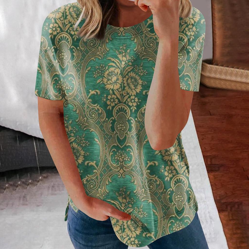 Women's Printed Short Sleeve Round Neck Retro Short Sleeve Summer Loose Tops Tops Women's Summer T-Shirts