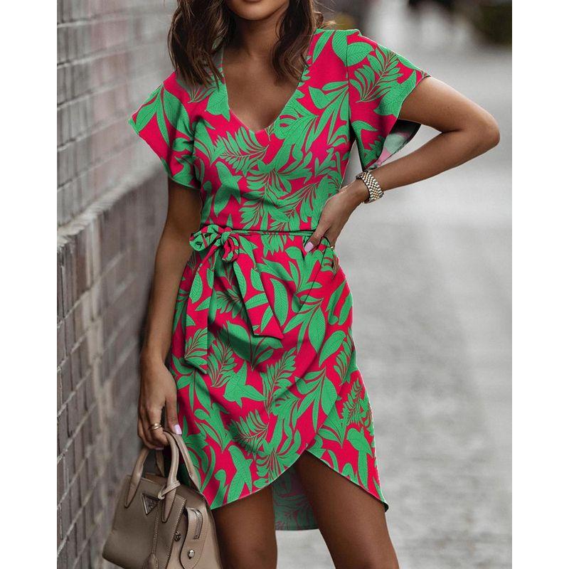 Fashion Style Summer New Arrival Sexy V-neck Temperament Waist-Controlled Lace Printing Short Sleeve Hem Irregular Dress Women
