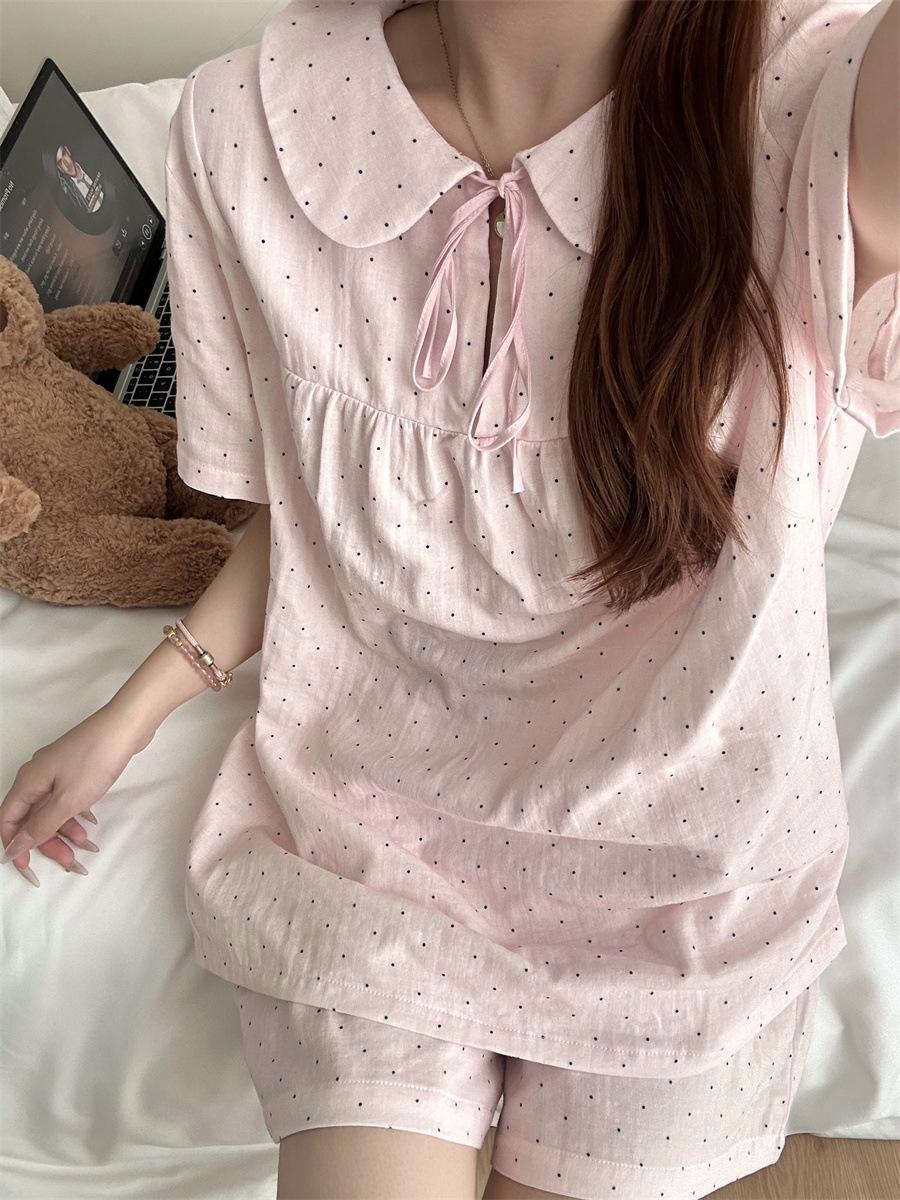 

New doll collar polka dot pink girl pajamas summer short-sleeved shorts set can be worn outside loungewear two-piece set S