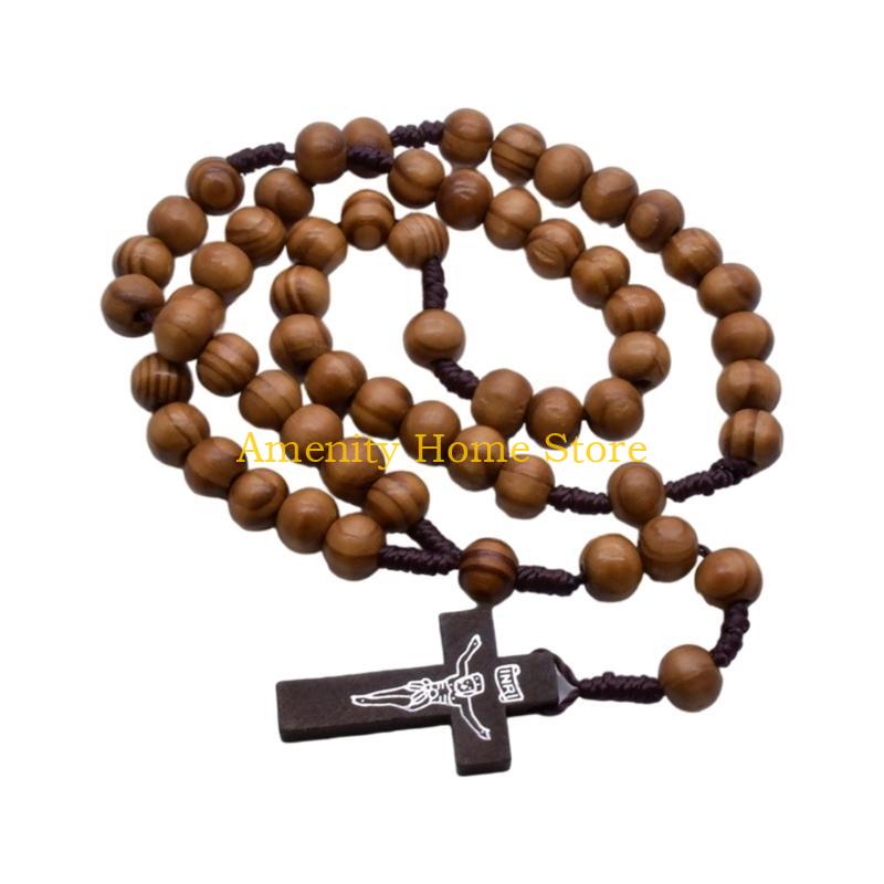 F26C Elegant Catholic Rosary Necklace with Solid Wood Beads and Wooden Crosses Prayer Neckchain for Baptisms Ceremonies Gift