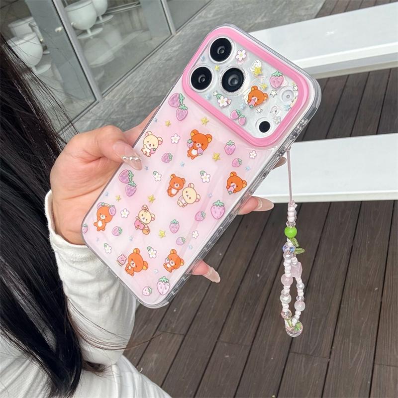 New 2026 Shockproof Phone Case For iPhone 15 16 17 Pro Max Strawberry Print With Strawberry Beaded Wrist Strap Large Window Cove