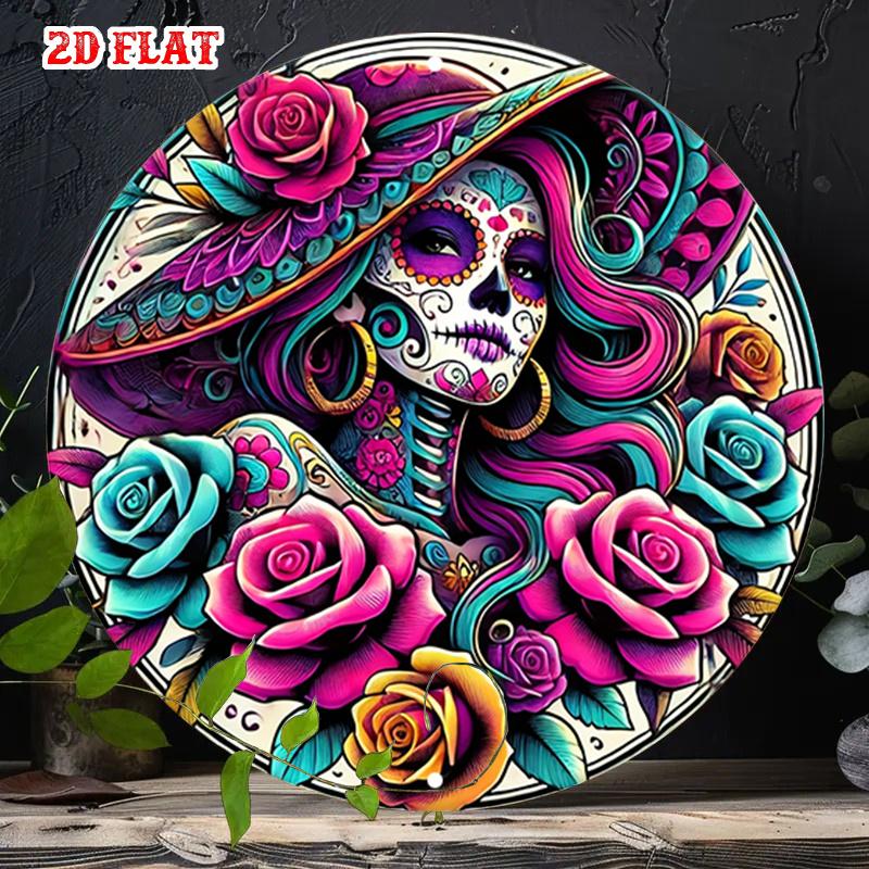 D Flat Dia de los Muertos Metal Sign Colorful Day of the Dead Girl with Roses Mexican Sugar Skull Art Vintage Gothic Wall De