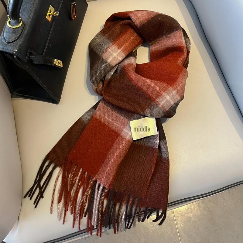 "2024 Luxurious Women's Wool Plaid Scarf - Colorful, Warm, Long with Tassels for Autumn & Winter"