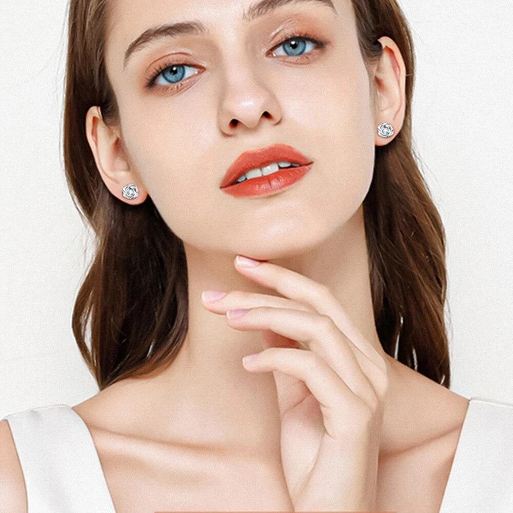 Rose Gold Moissanite Earrings for Women 925 Sterling Sliver 3mm Rose Flower Diamond Stud Earring Fine Jewelry Gift