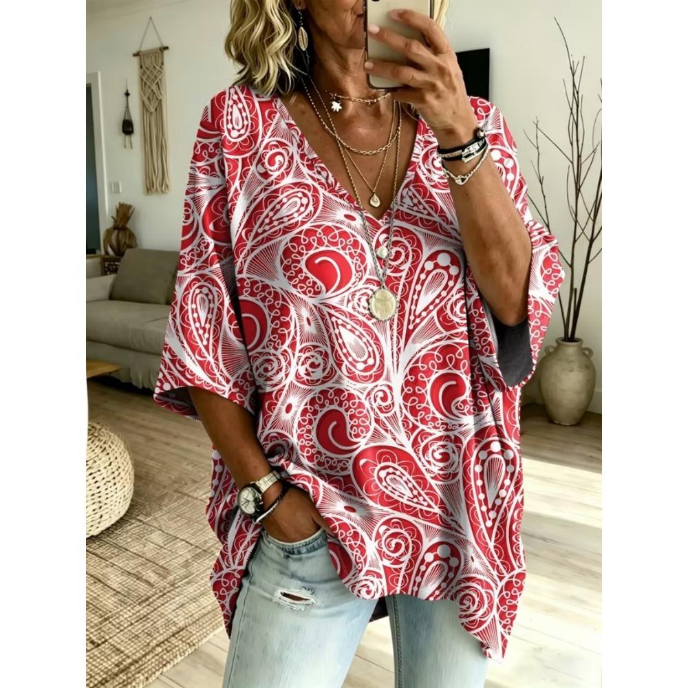 Plus size women's V-neck ethnic style printed T-shirt, retro European and American art three-quarter bat sleeve casual top
