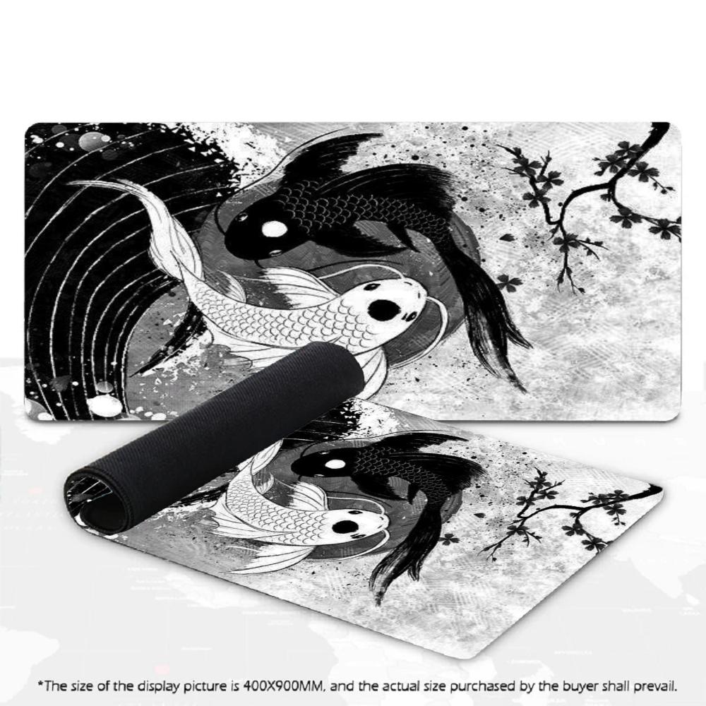 Japanese Yin Yang Koi Fish XXL Large Mouse Pad Ink Wash Cherry Blossom Desk Mat Non-Slip Rubber for Gaming Office Home Desktop