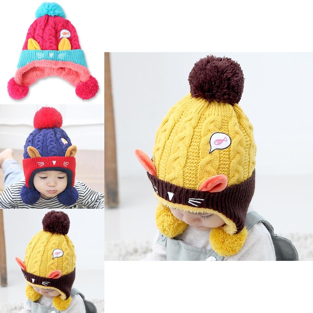 Cozy Baby Knitted Hat For Winter With Cute Cat Design Thickened Plush Ears Suitable For Boys And Girls Aged 5 To 24 Months Available In Red Yellow