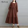 Korean Style Plus Size Spring Autumn Women Midi Dress O Neck Red Green Brown Burgundy Oversized Dress Lace Up Embroidery Cotton Dress