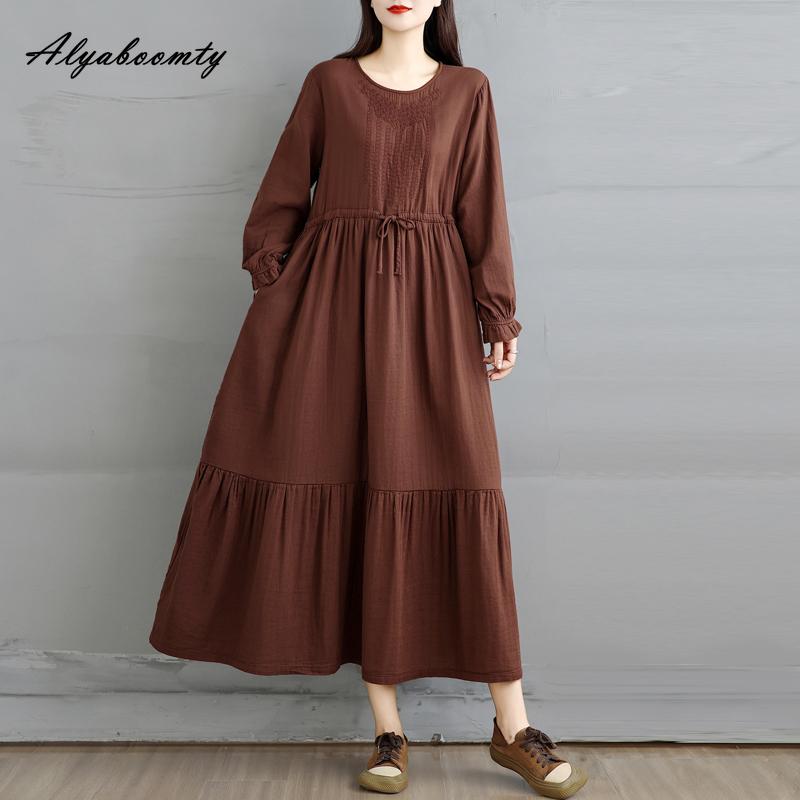 Korean Style Plus Size Spring Autumn Women Midi Dress O Neck Red Green Brown Burgundy Oversized Dress Lace Up Embroidery Cotton Dress