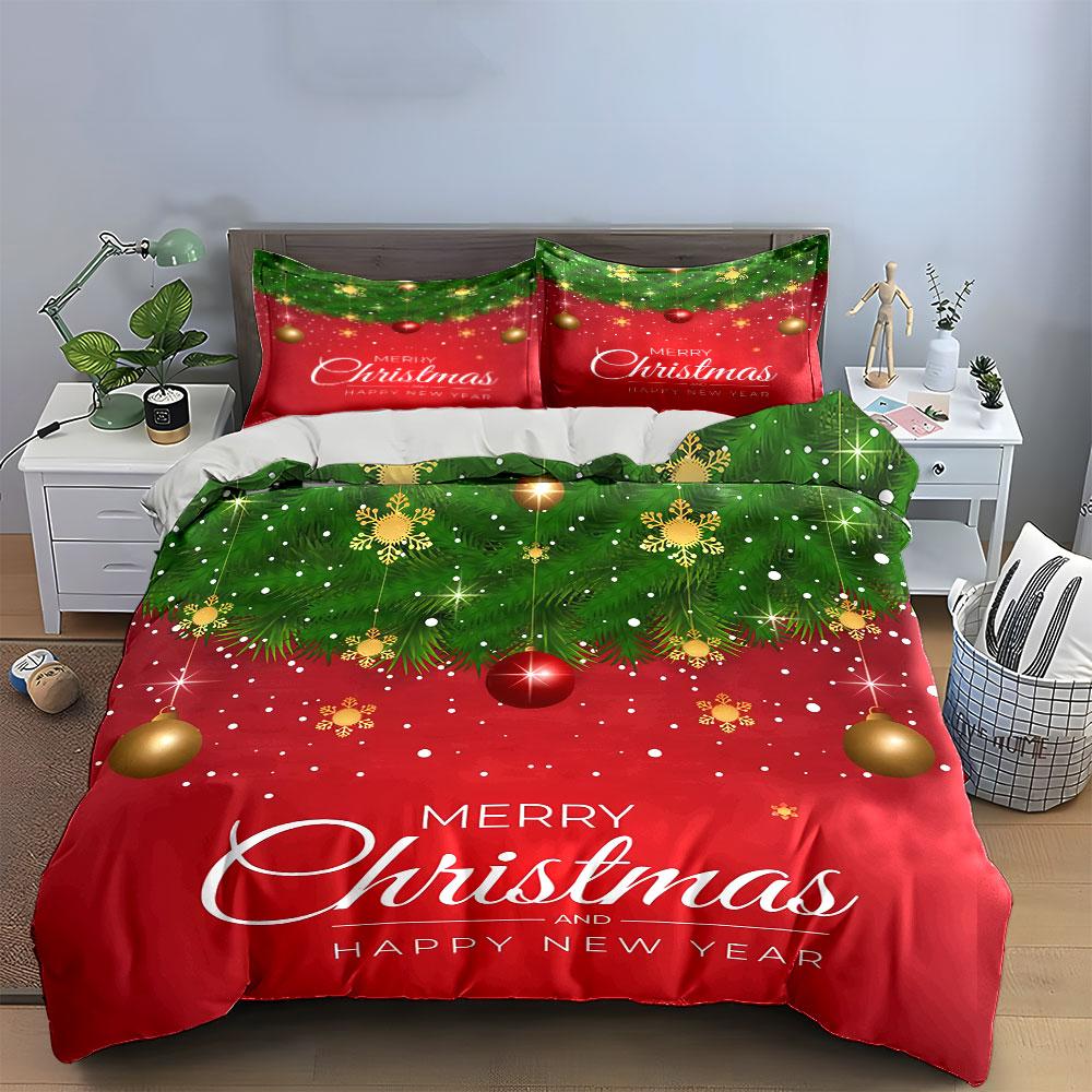 Christmas Ornaments Red Decor Bedding Duvet Cover Set Duvet Cover Pillowcases  (1*Duvet Cover 2*Pillowcases, Without Duvet Insert)