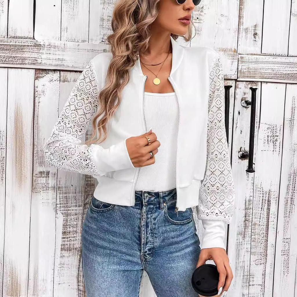 Herbst und Winter Damen Elegante Spitze Patchwork Aushöhlen Lässige Baseballjacke