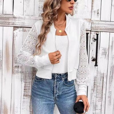 Spring Elegant Ladies Pure White Lace Long Sleeve Baseball Collar Solid Color Zip Jacket