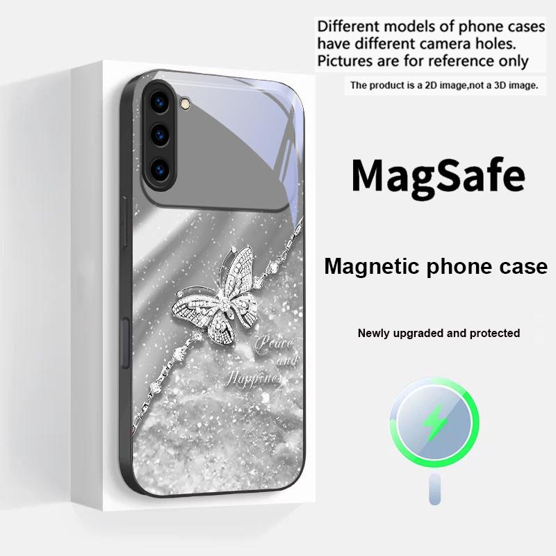 An Elegant Blue Butterfly For Samsung S25 S25 Edge S25Ultra S8 9 10 20 S21 Pro 22 Plus S23 FE S24 Ultra Magsafe Glass Phone Case