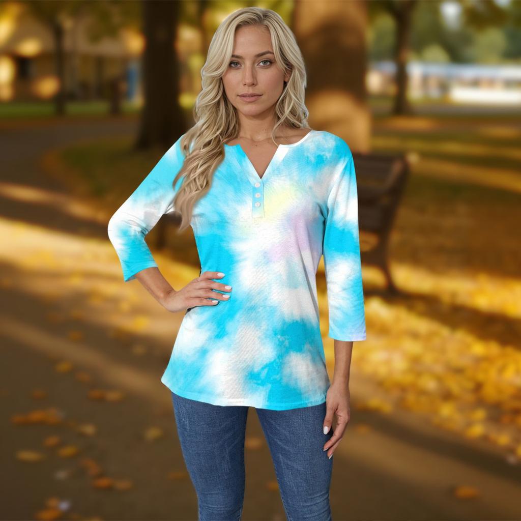 Women's T Shirt Tee Print Button 3/4 Sleeve Daily Weekend Fashion Basic V- Neck Regular Top