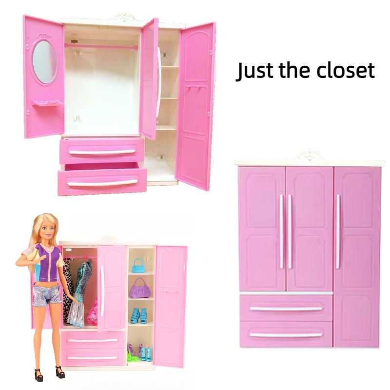Doll Wardrobe Barbie Toys Threedoor Furniture Plastic Clothes Cabinet Storage