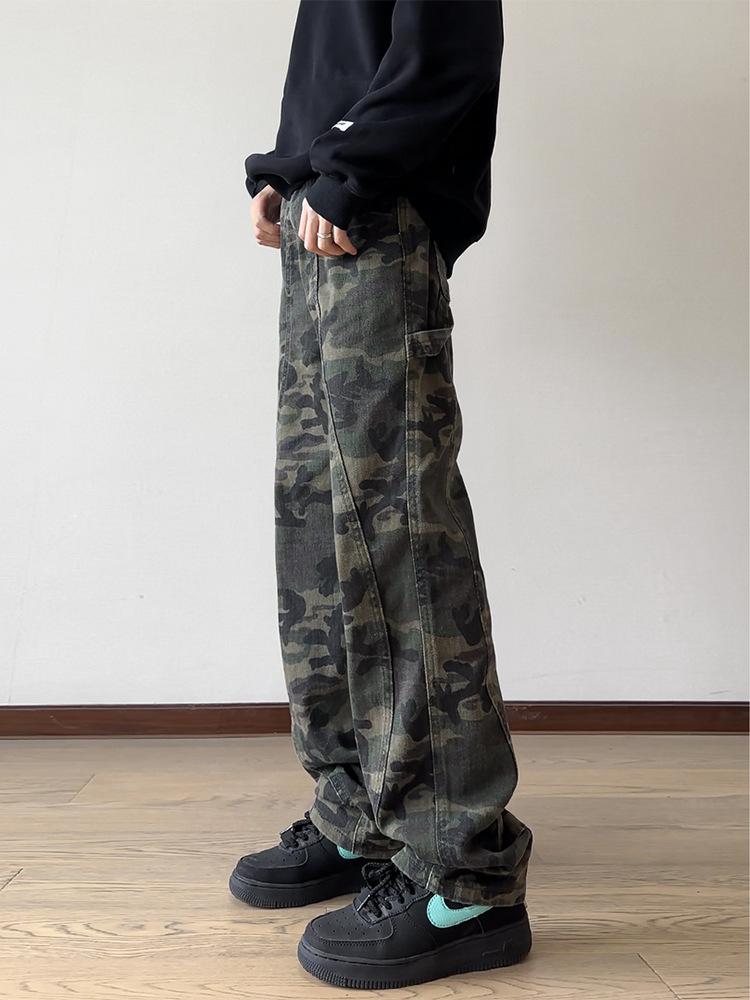 Camouflage tooling jeans boys summer new American high street retro pants loose straight wide leg trousers