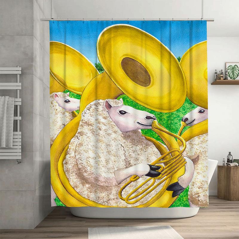 

Musical Sheep Shower Curtain Yellow Trumpets Design For Kids Bath Decorations Home Accessories With Rings W60H190(CM)-1 Pcs