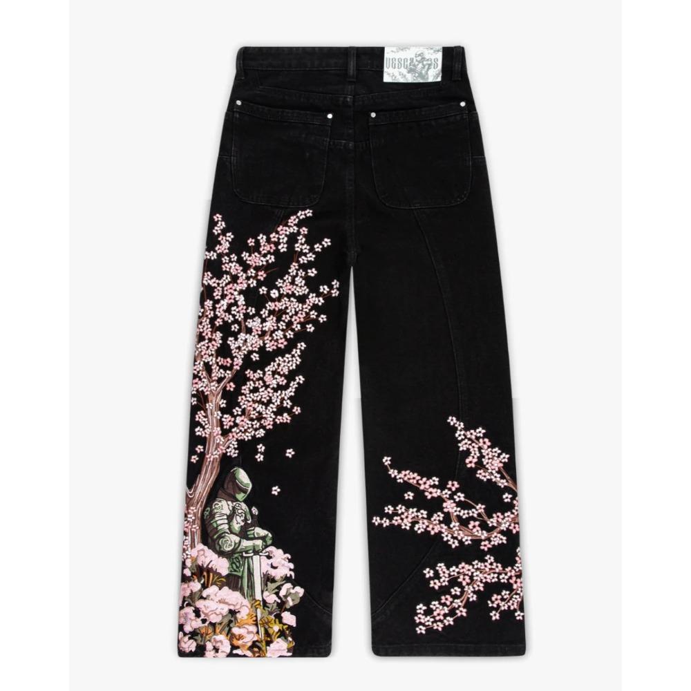 Damen Jeans mit hohem Bund und weitem Bein Lockerer Schnitt Sakura Knight Stickerei Helles Denim Hosen Amerikanischer Vintage Streetwear Lässige Lange Hosen