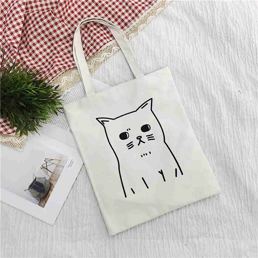 Ladies Canvas Handbags Cute Cat Pattern Shopping BagTravel Eco Reusable Shopper Bags