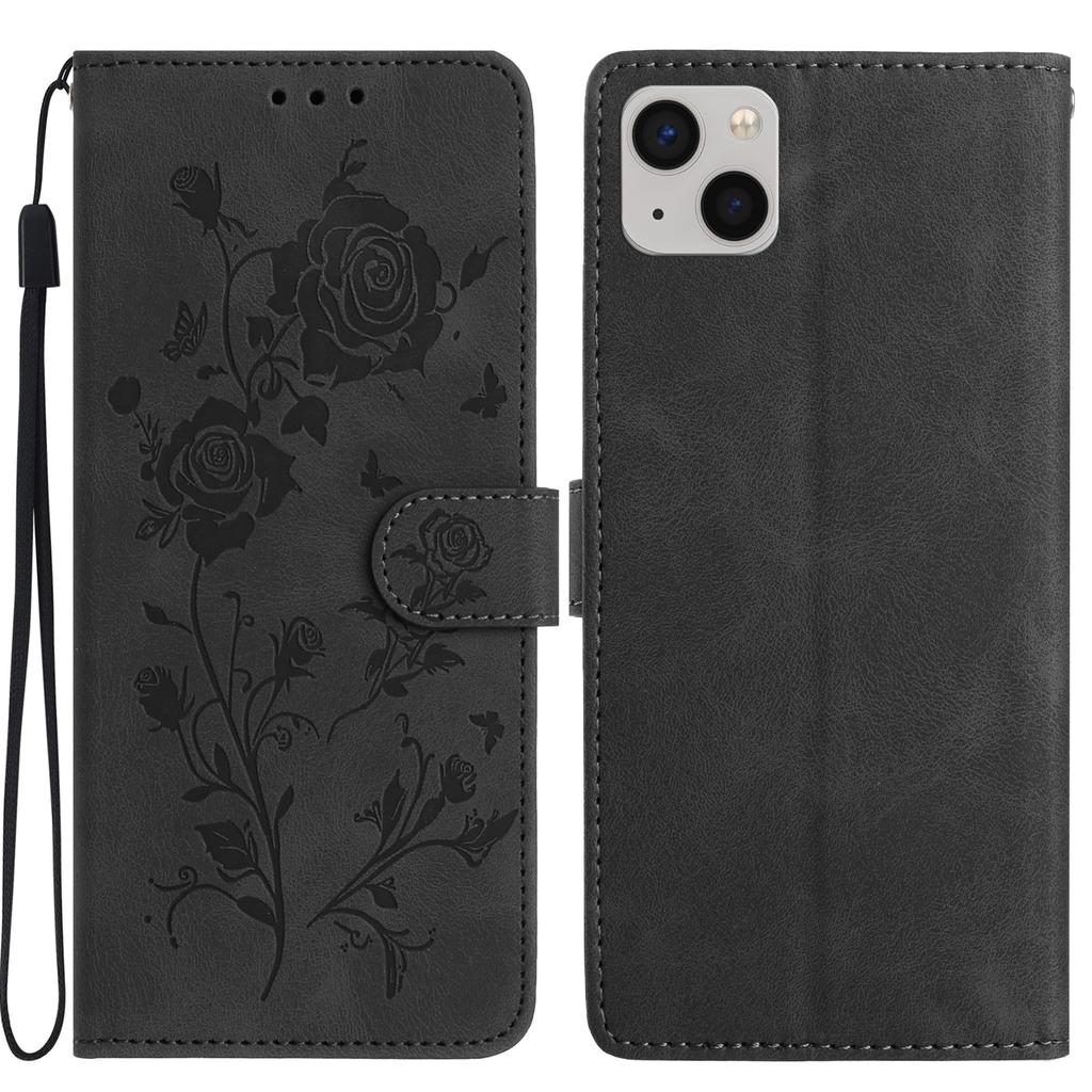 For iPhone 14 Wallet Case Rose Pattern Imprinted Leather Flip Stand Phone Cover