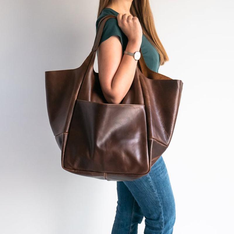 

Handmade Big Beach Tote Bag High Capacity Zipper Shoulder Solid Color Multifunction Handbags For Ladies кавовий