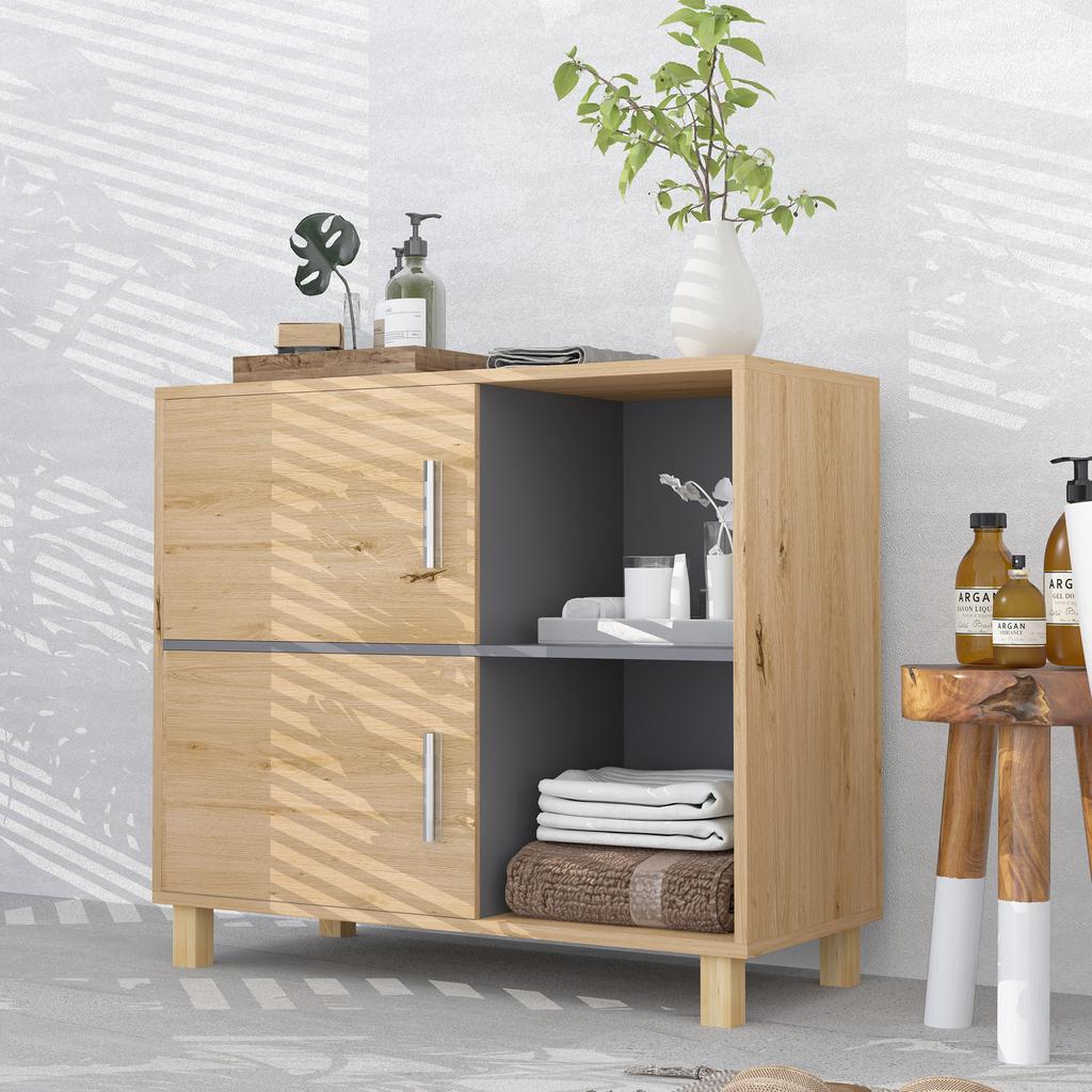 Bathroom Storage Cabinet Natural Wood 80x35x70 cm 2 Doors 2 Open Compartments