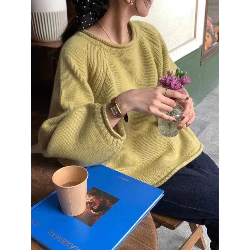 Gekräuseltes einfarbiges sanftes lockeres Strickoberteil vielseitiger lässiger weicher wachsartiger Pullover mit niedrigem Rundhalsausschnitt für Damen