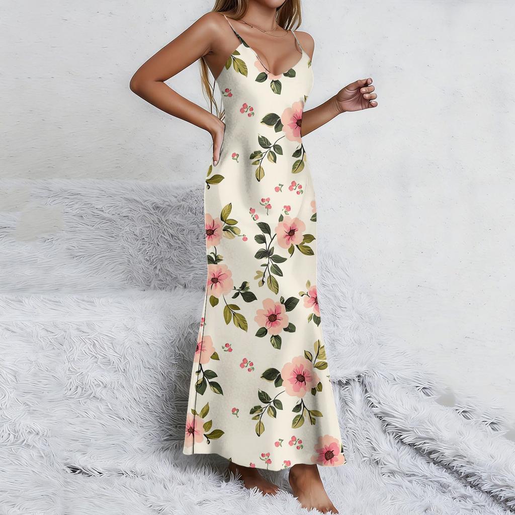 Ladies' floral nightgown sexy suspender nightgown slit sexy thin home outfit