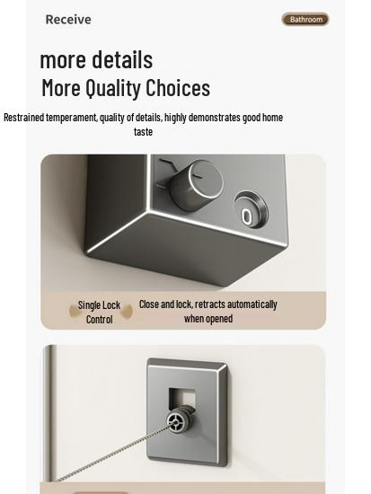 Gun Gray Retractable Invisible Clothesline for Indoor, No-Punch Installation; Ideal for Bathroom or Balcony.